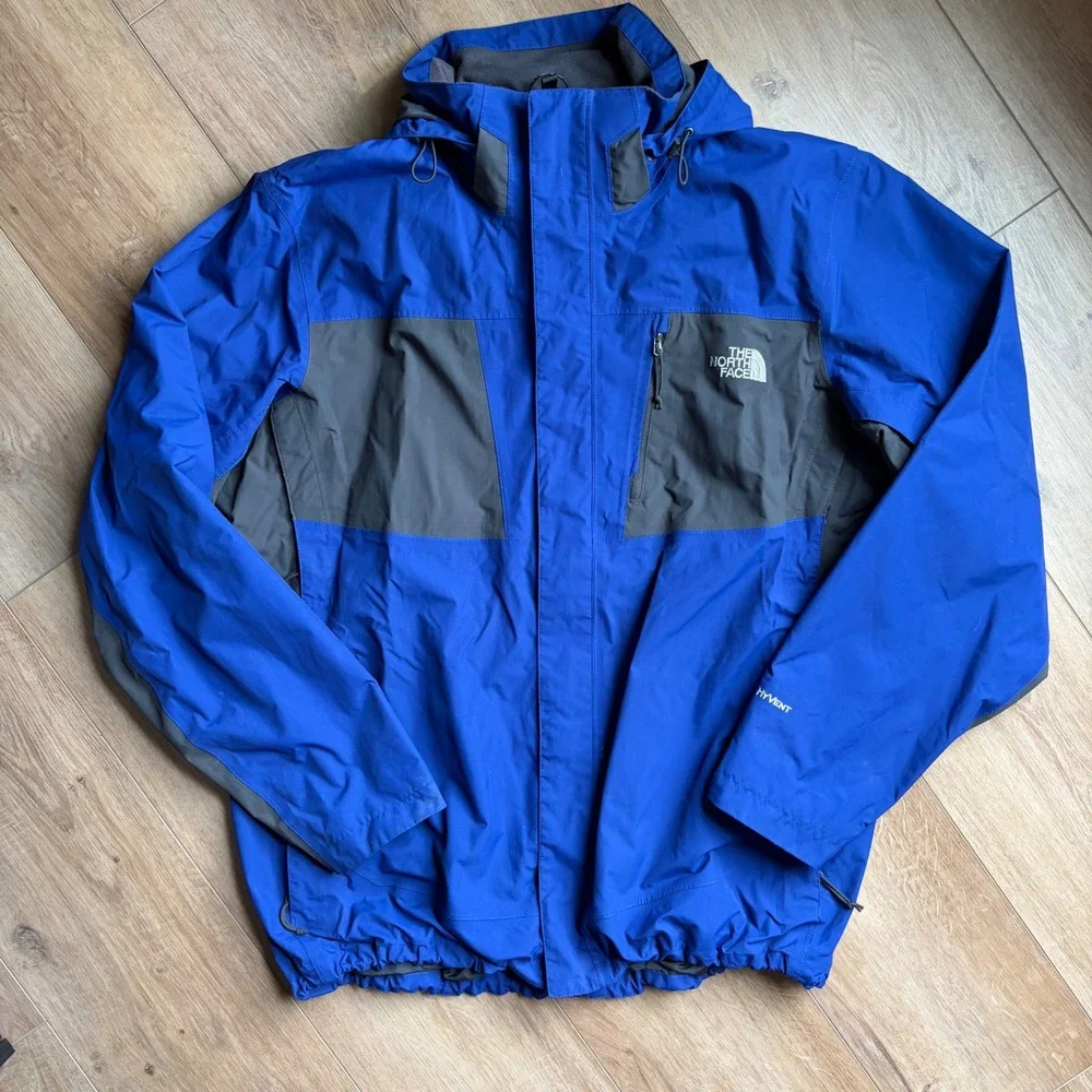 The North Face Men's XL HyVent Jacket Blue Gray Hooded Rain Shell Gorpcore